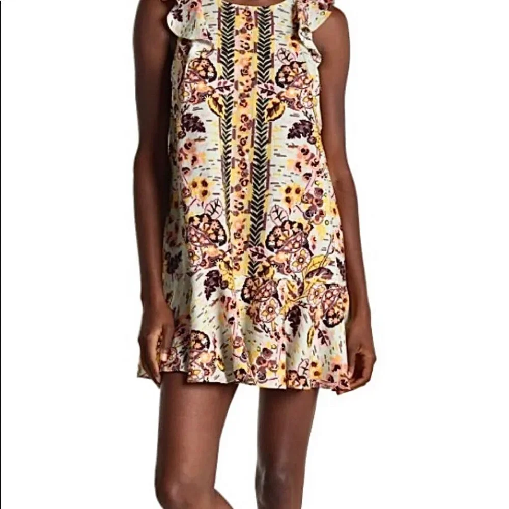 Free People Tunic Top Mini Dress Linen Blend Floral Ruffle Green NWT S
